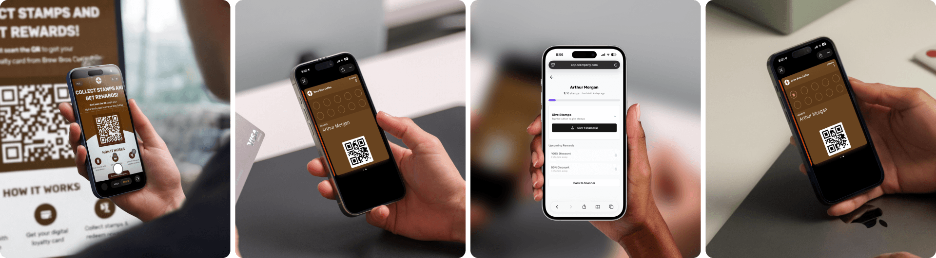 The full flow — (1) a printed QR code on a cafe counter, (2) a phone showing the card being added to wallet, (3) the Stamperly scan screen on the business owner's phone, (4) the card updated with a new stamp.