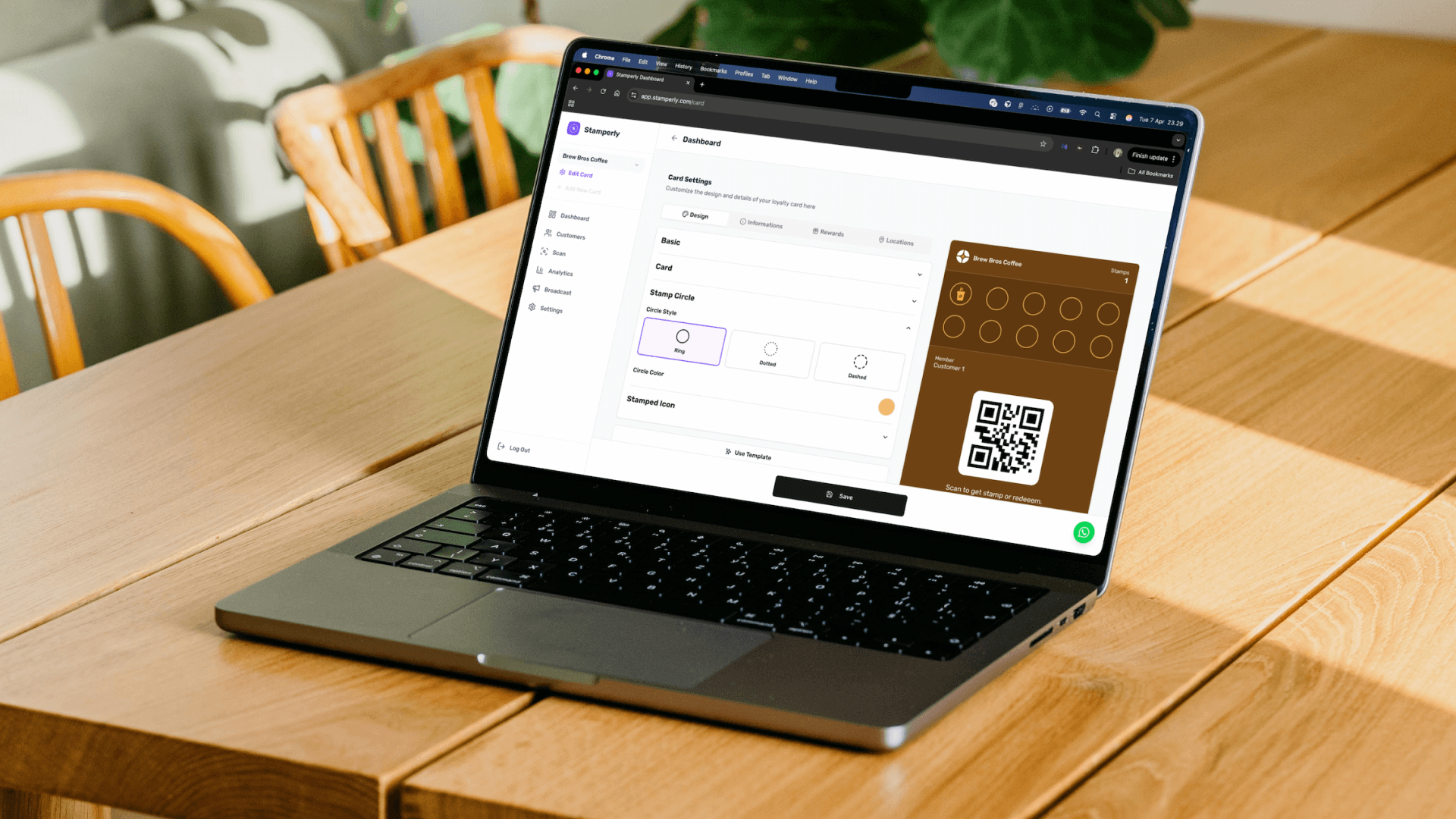The Stamperly dashboard card editor showing the design tab — brand colors selected, logo uploaded, stamp style customized, and a live preview of how the card looks.