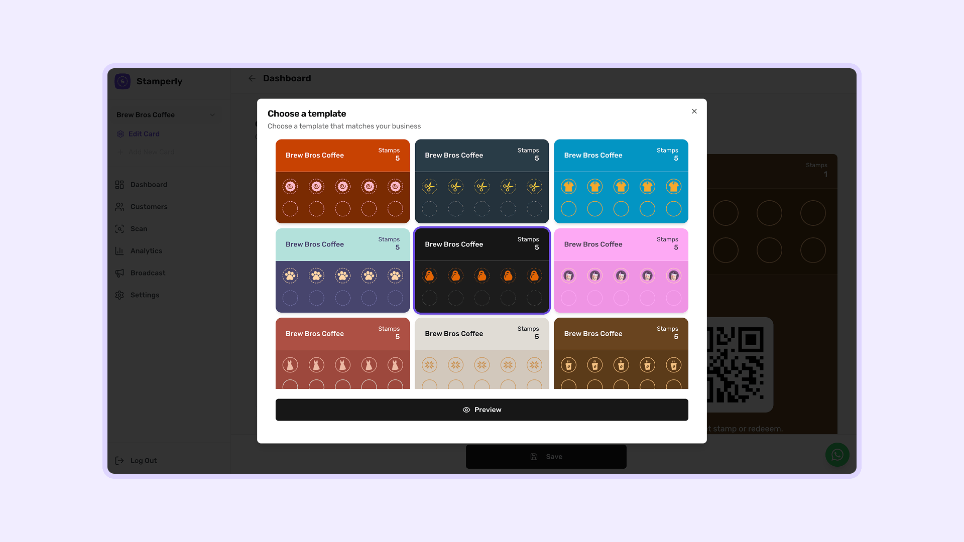 The template selection modal showing different card templates for various industries — coffee shop, restaurant, salon, spa, etc.