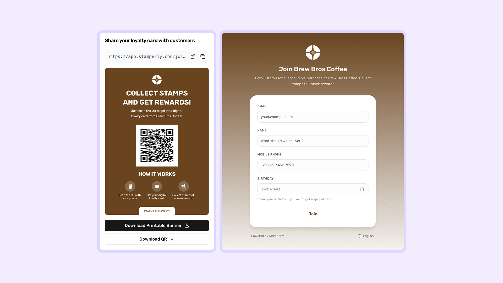 The Stamperly dashboard showing the shareable link, QR code, and the downloadable printable banner preview — the banner shows the business logo, QR code, and 'Scan to join our loyalty program' text.