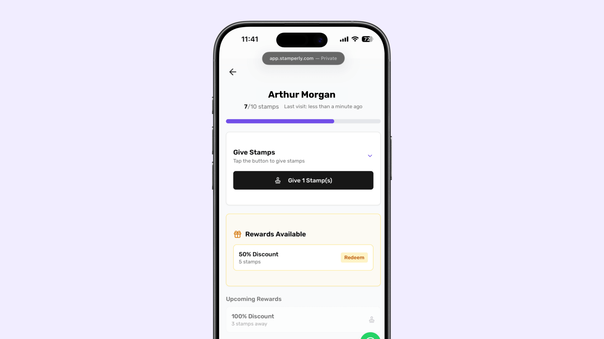 The Stamperly scan screen on a phone — showing the customer's name, current stamp count (7/10), a 'Give Stamp' button, and an eligible reward section at the bottom.