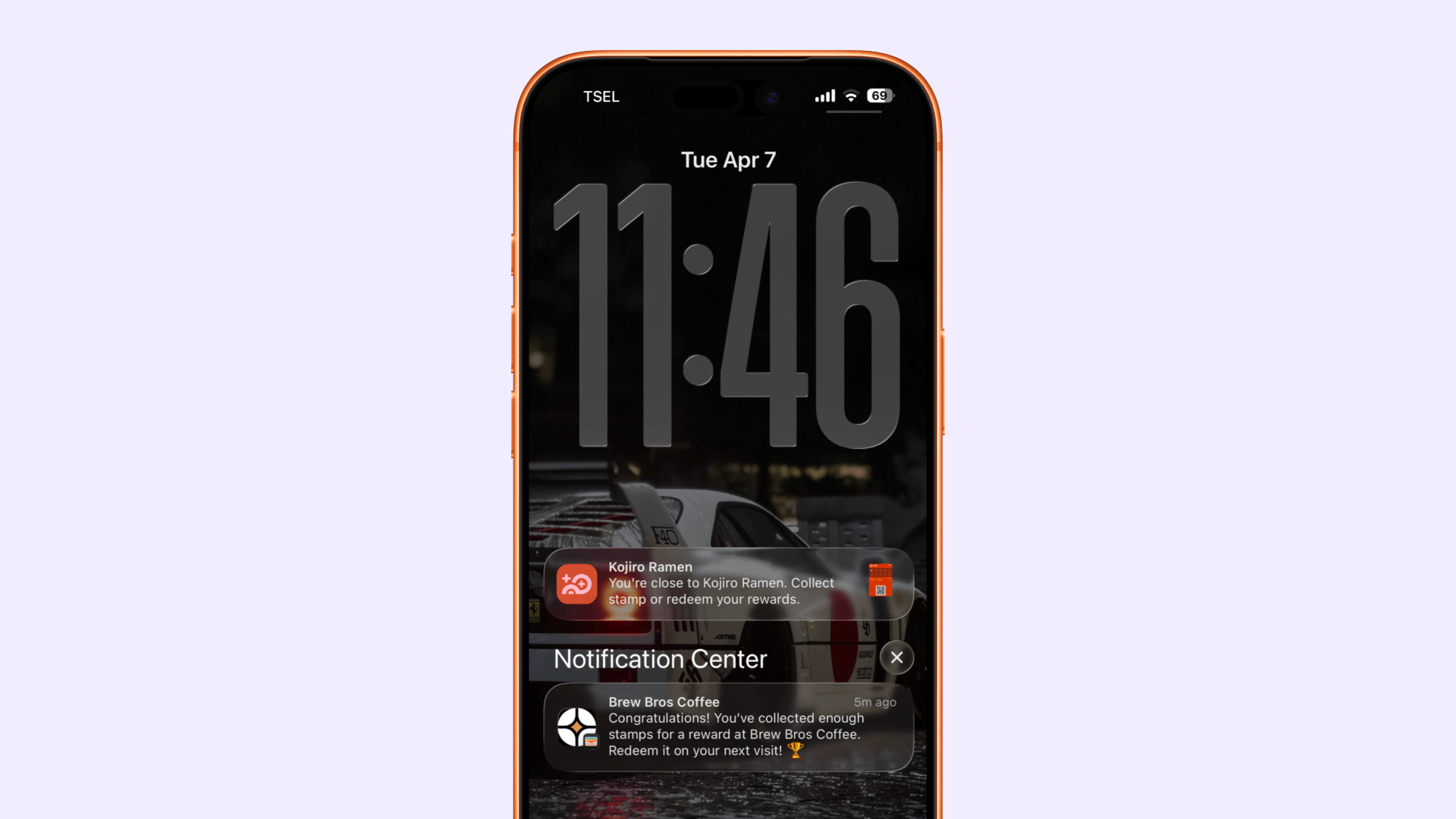 A phone lock screen showing a wallet notification from a business — 'Double stamps this weekend! Visit us and earn 2x stamps on every purchase.' The notification shows the business icon.